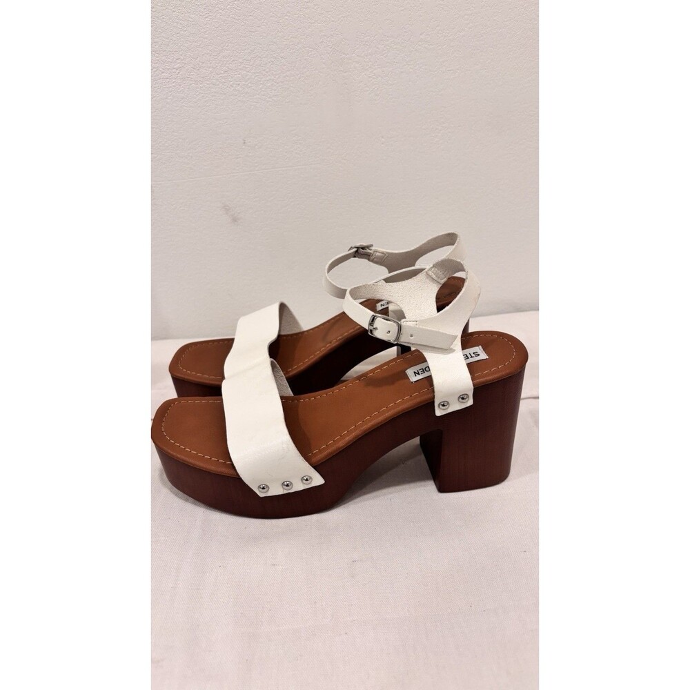 Steve Madden White Platform Sandals Faux Wood Block Heel Studded Ankle Strap - Picture 4 of 6